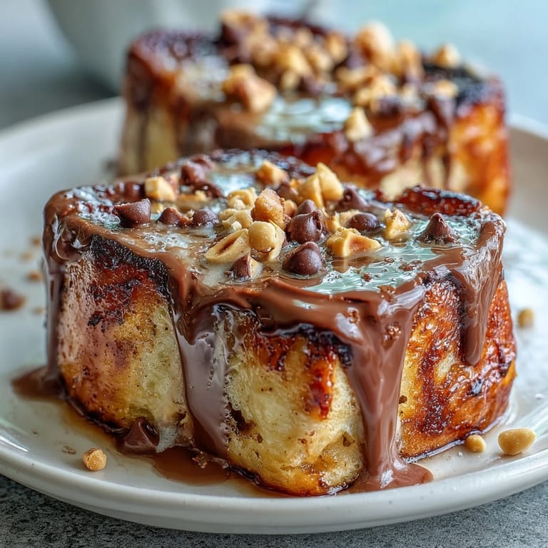 Cremiges Frühstück High-Protein Peanut Butter & Chocolate Baked French Toast auf Teller mit Ahornsirup und Bananenbrei serviert.