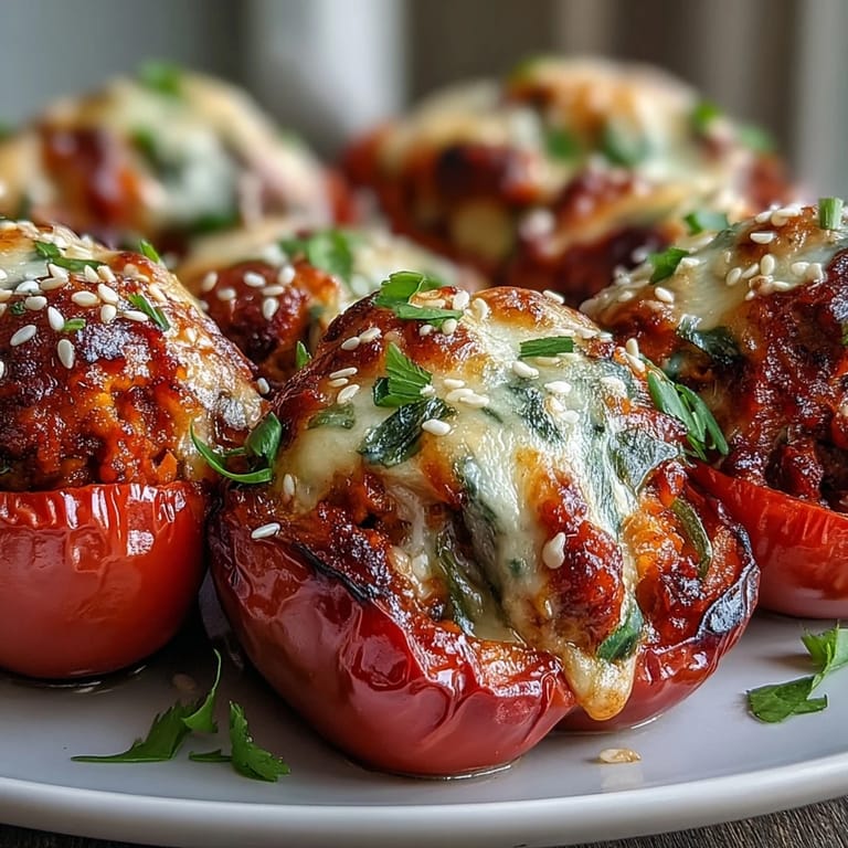 Gefüllte Mini-Paprika mit Korean-Style Turkey Stuffed Sweet Peppers, serviert mit Reis und grünen Zwiebeln für extra Würze.