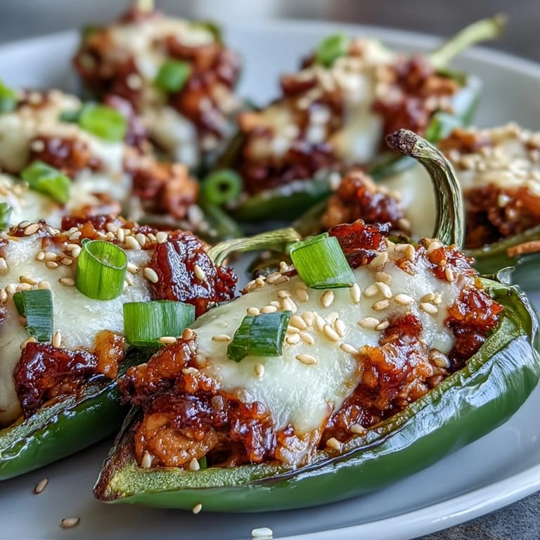 Duftende Korean-Style Turkey Stuffed Sweet Peppers auf einem Backblech, Käsekruste und Sesam verleihen dem Gericht Tiefe.