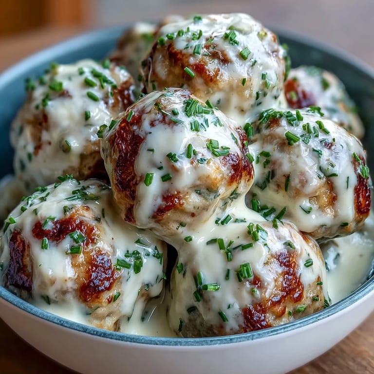 A plate of Creamy Garlic Ranch Turkey Meatballs garnished with parsley and chives, paired with mashed potatoes and greens.