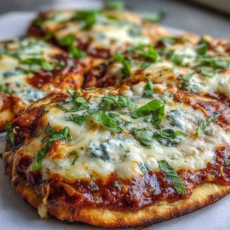 Goldgebackene Garlic Naan Margherita Pizzas, serviert warm mit Olivenöl und aromatischer Knoblauchbutter.