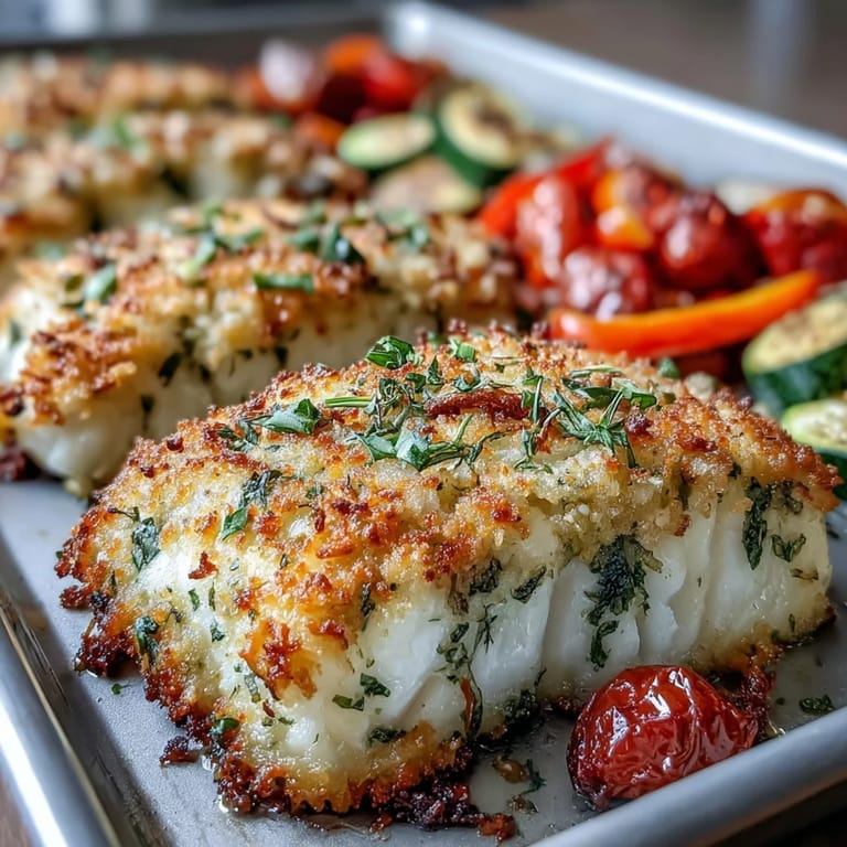 Oven-roasted Parmesan Crusted Sheet Pan Fish with crunchy crust, paired with roasted cherry tomatoes and onions.