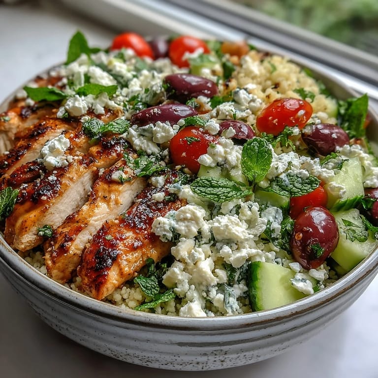 Goldene mediterrane Hähnchenstreifen auf zitronigem Perlgrussalat mit Feta und Oliven.