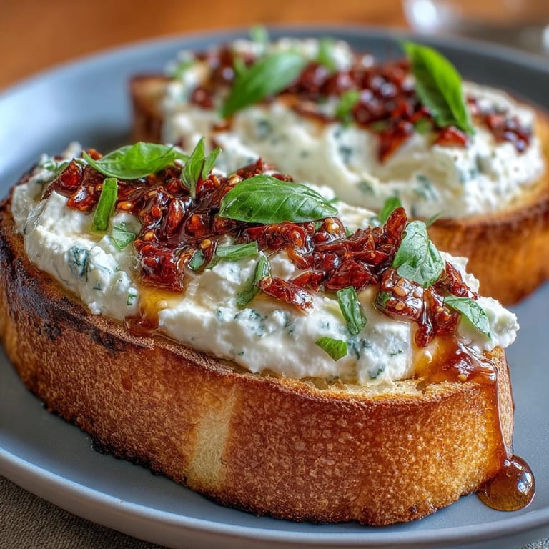Savory Hot Honey Ricotta Bruschetta served on a white plate with extra chili crunch and a glass of white wine.