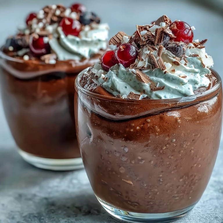 Genieße Vegan Chocolate Chia Pudding Parfaits als gesundes Dessert, serviert in eleganten Gläsern mit Schichten aus puddingartiger Chia-Basis und süßer Kokoscreme.