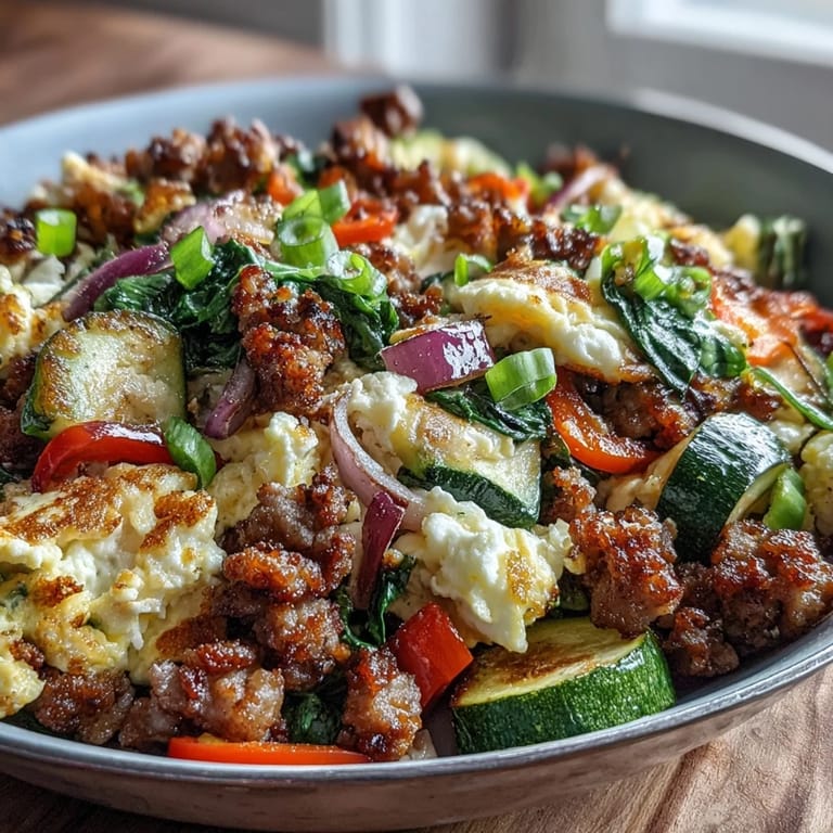 Hearty Keto Sausage and Veggie Breakfast Scramble served hot in a skillet, perfect low-carb breakfast.