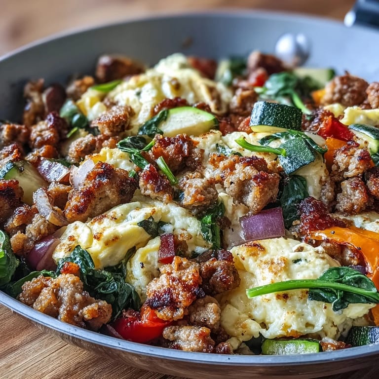 Sizzling pork sausage and colorful bell peppers in a Keto Sausage and Veggie Breakfast Scramble.