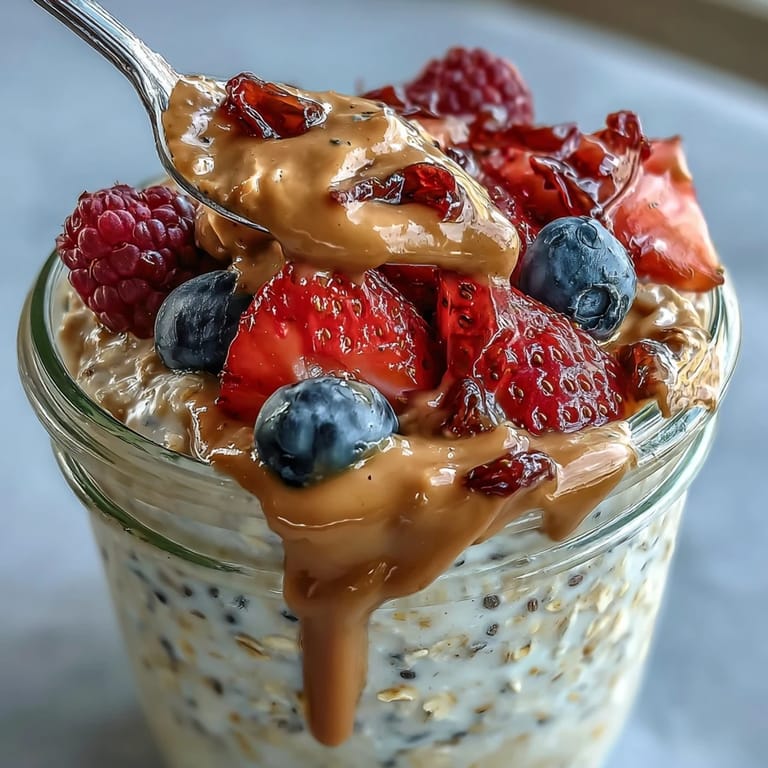 Sanft geschichtete Clean Eating Berry Overnight Oats mit Almond Butter Swirl und leuchtenden roten Beeren zum Frühstück.