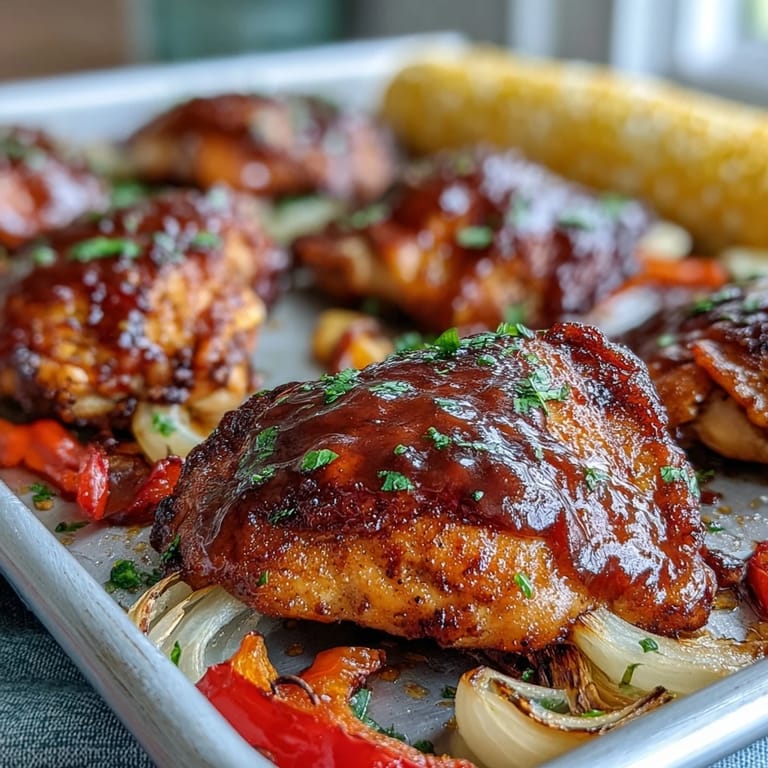 Juicy BBQ chicken roasted with sweet corn and colorful bell peppers on a lined sheet pan for a family dinner.