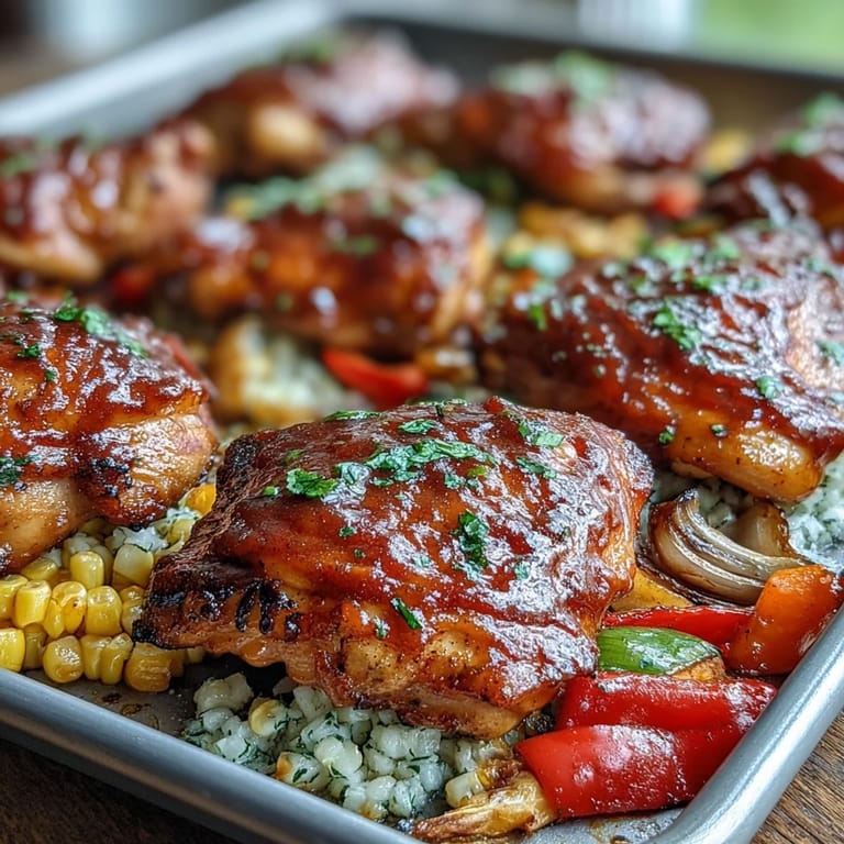 Gluten-free Sheet Pan BBQ Chicken, corn, and red onion wedges garnished with fresh herbs for an easy weeknight meal.