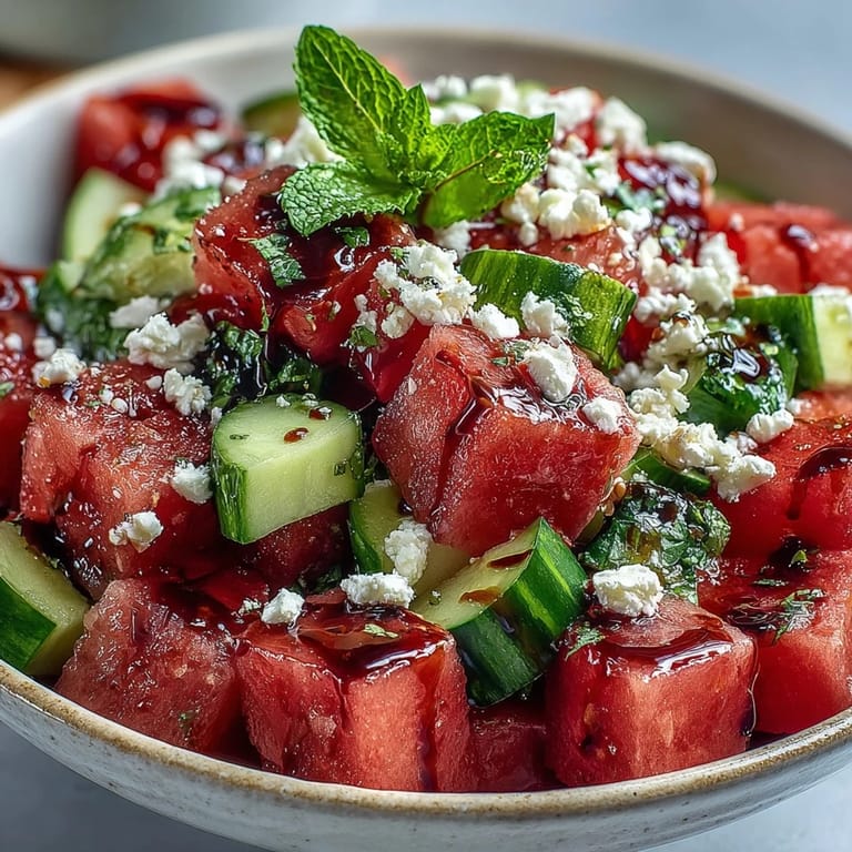 Genieße diesen erfrischenden Watermelon Feta Cucumber Salad mit Balsamic Glaze, perfekt für Picknicks und BBQs.