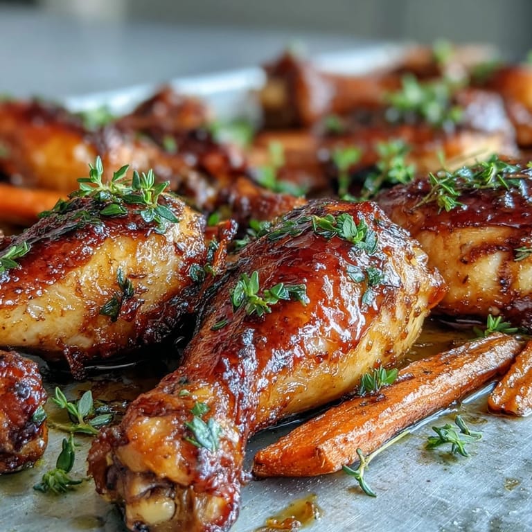 Roasted Sheet Pan Honey Garlic Chicken Drumsticks with Roasted Carrots glazed and caramelized, perfect for an easy family dinner.