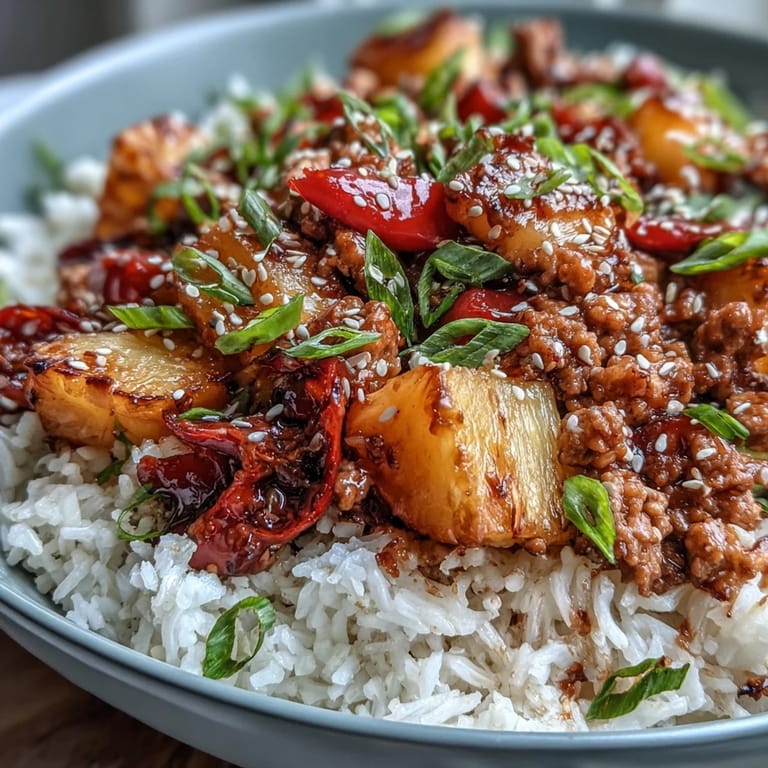 Frisch angerichteter Sweet-and-Sour Turkey Rice Skillet mit Sesamsamen und Frühlingszwiebeln.