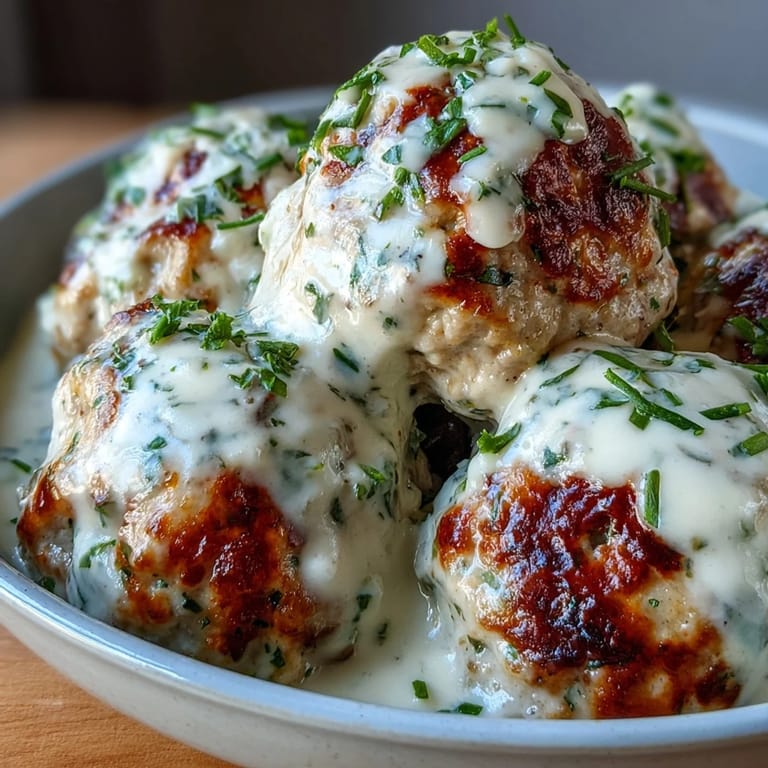 Freshly baked Creamy Garlic Ranch Turkey Meatballs in a rich, creamy garlic ranch sauce, steaming in a rustic skillet.