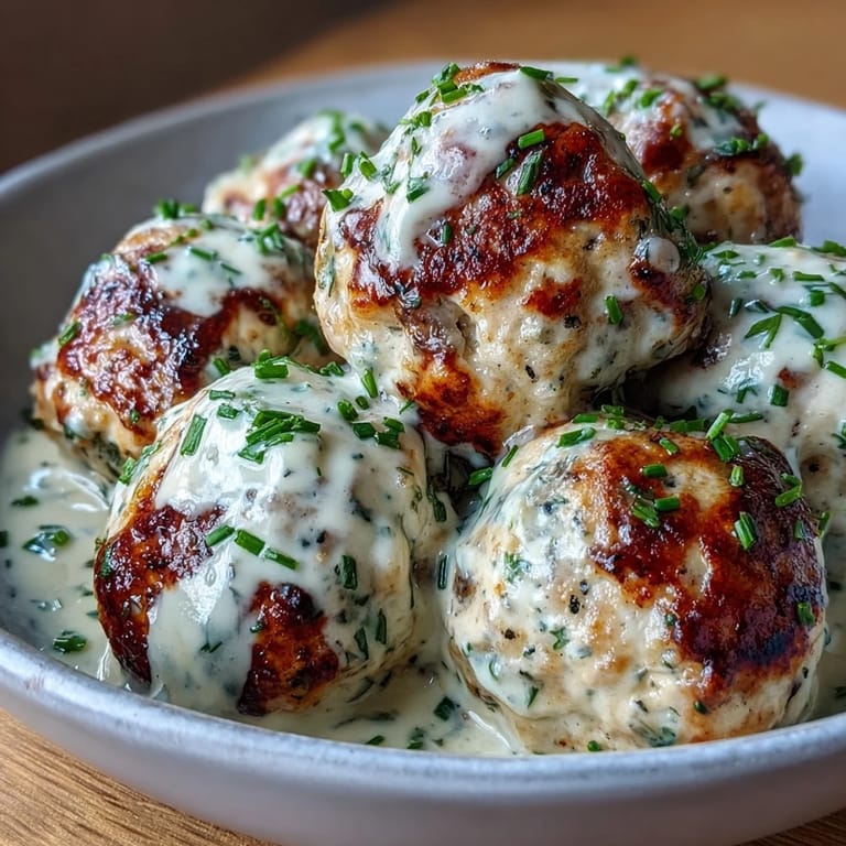 A plate of Creamy Garlic Ranch Turkey Meatballs garnished with parsley and chives, paired with mashed potatoes and greens.