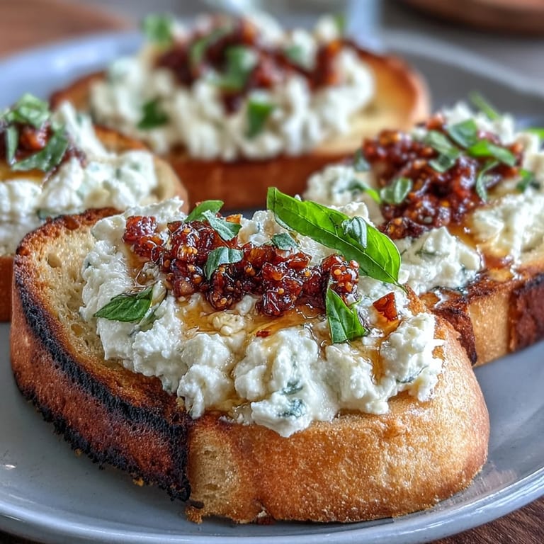 Savory Hot Honey Ricotta Bruschetta served on a white plate with extra chili crunch and a glass of white wine.