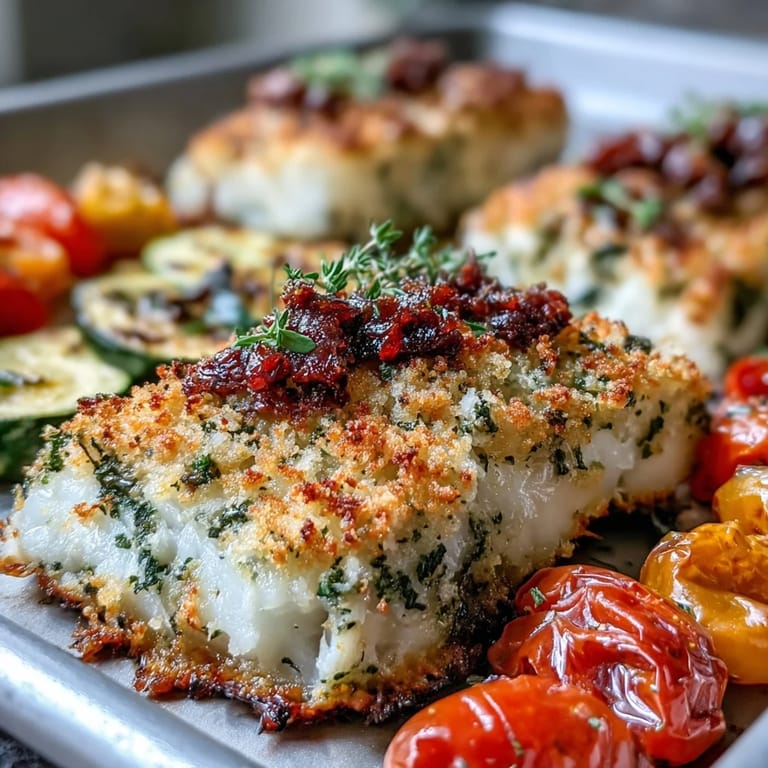 Tender cod filets with golden Parmesan Crusted Sheet Pan Fish alongside zucchini and bell peppers, ready to serve.