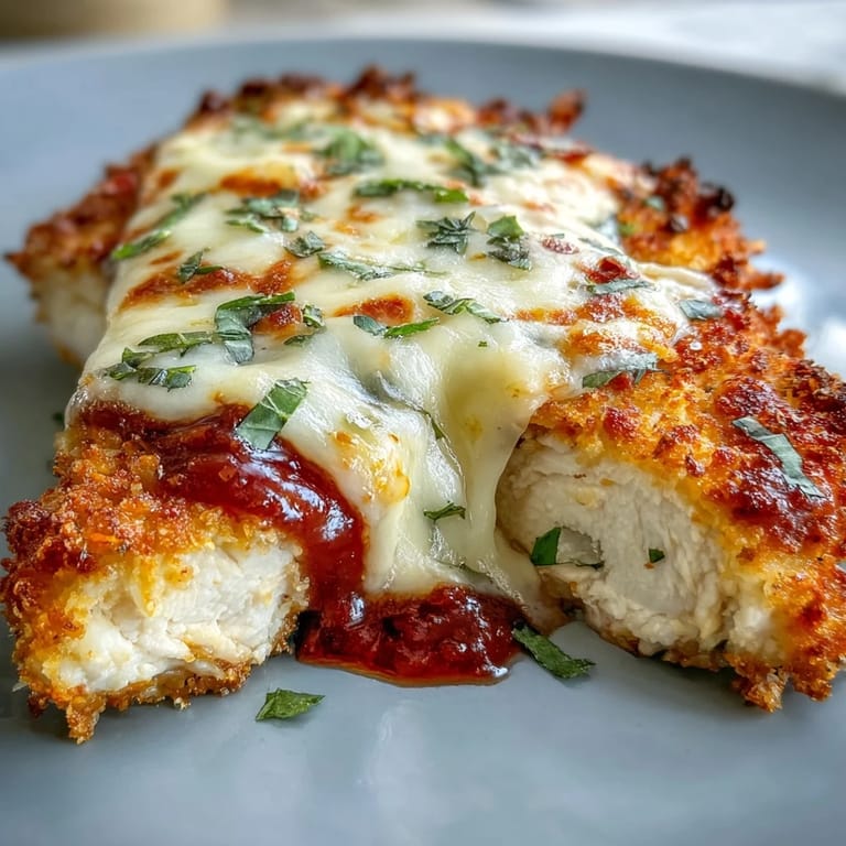 Dieses Keto Baked Chicken Parmesan wird mit Mandelmehl und Parmesan paniert, mit Marinara und Mozzarella überbacken und mit Basilikum garniert serviert.