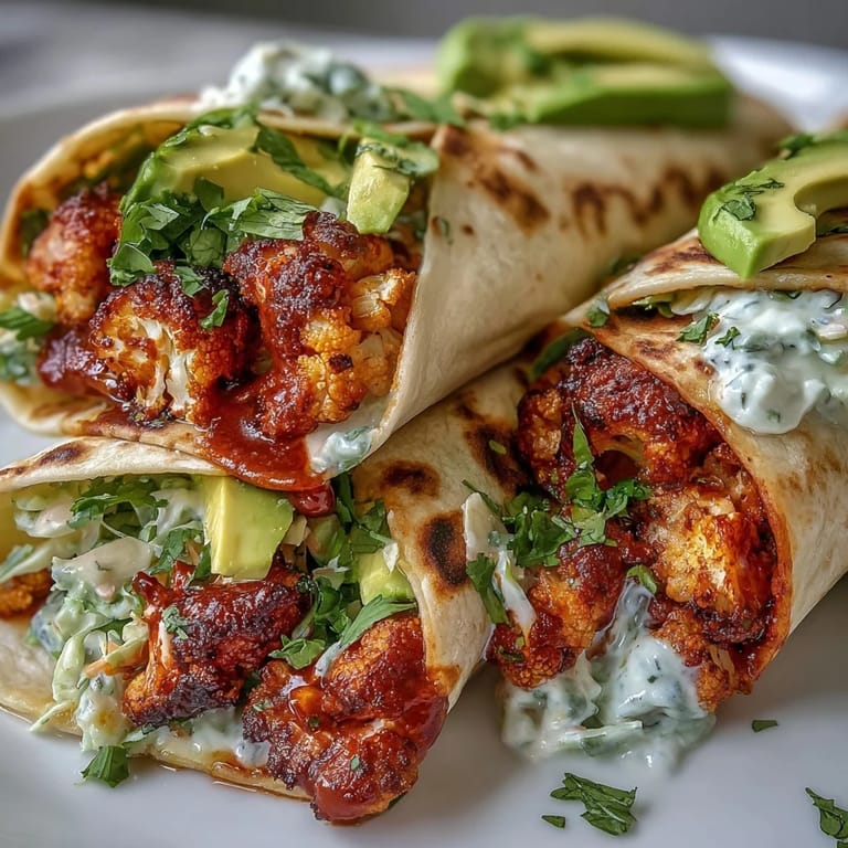 Golden cauliflower tucked in Vegan Buffalo Cauliflower Wraps with Ranch Slaw beside a chilled lager.