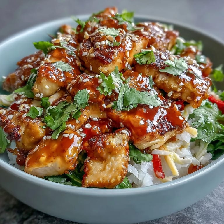 Knuspriges Hühnchen und frisches Gemüse in einem aromatischen Bang Bang Chicken Bowl, garniert mit Sesam und Koriander.