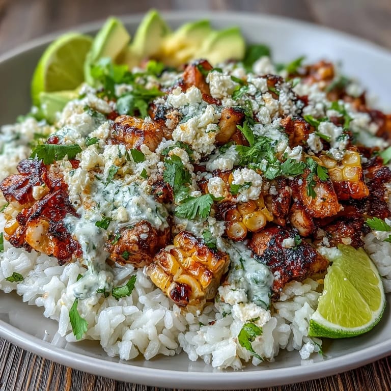 Street Corn Chicken Rice Bowl mit saftigem Hühnchen, rauchigem Mais und frischer Limettensauce, serviert mit Avocado und Koriander.