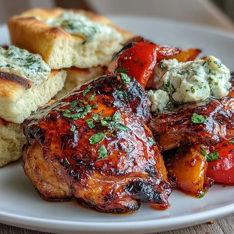 Saftige Hähnchenschenkel mit süß-salziger Honig-Knoblauch-Glasur, zusammen mit buntem Gemüse und fluffigem Naan.