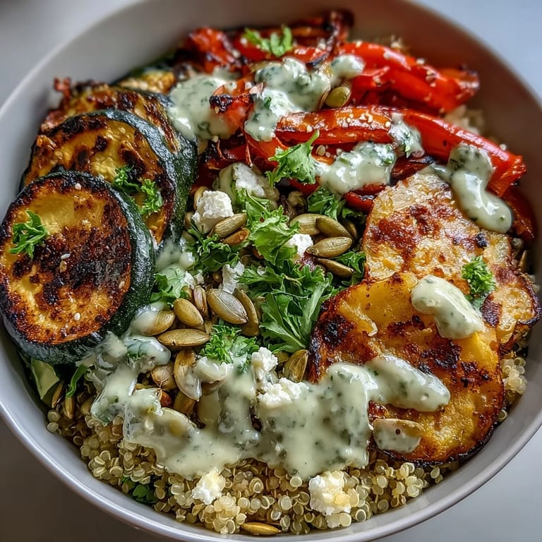 Mediterran inspirierte Power-Bowls mit gegrilltem Gemüse, Quinoa und würziger Tahini-Drizzle für ein gesundes Mittag- oder Abendessen.