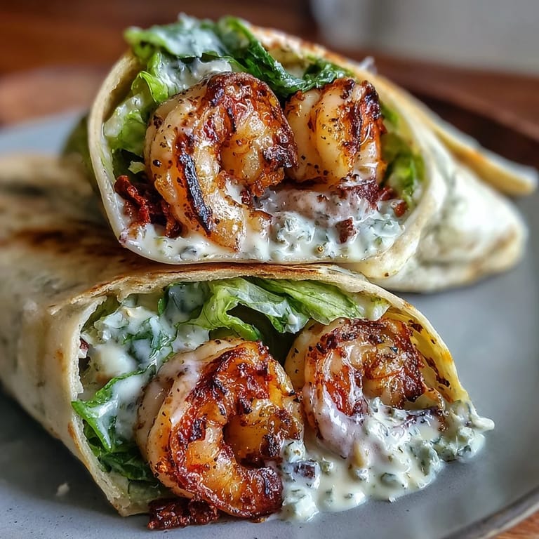3. Knuspriger Römersalat, gegrillte Garnelen und cremiges Caesar-Dressing in weichen Tortillas für ein erfrischendes Mahl.