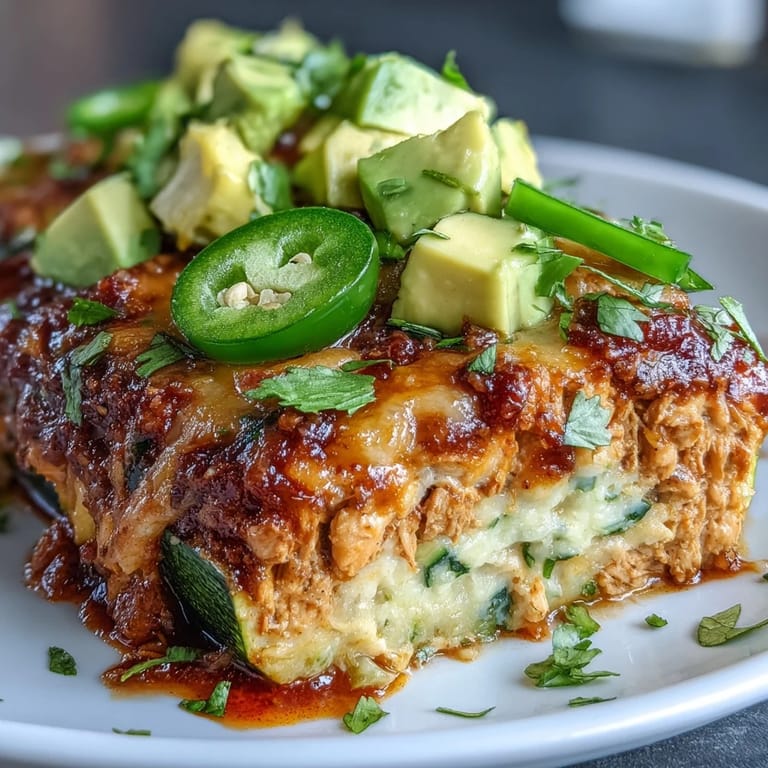 Keto-Hühnchen-Enchilada-Zucchini-Boote mit goldgelbem Käse überbacken und frischem Koriander garniert.