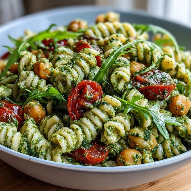 2. Proteinreicher Nudelsalat mit cremiger veganer Pesto-Sauce, Kichererbsen und pfeffrigem Rucola – ein köstliches Hauptgericht oder Beilagensalat.  