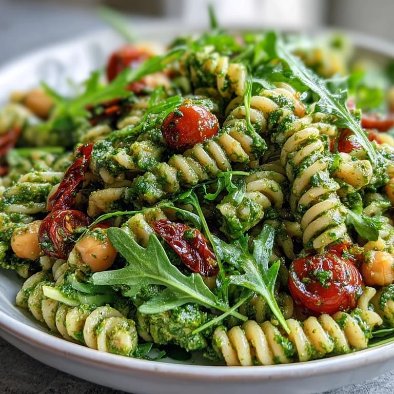 3. Buntes Pasta-Gericht mit cremiger Basilikum-Cashew-Pesto, Kichererbsen und frischem Rucola, ideal für ein leichtes, veganes Essen.