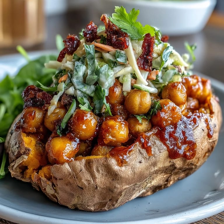 Süßkartoffeln gefüllt mit herzhaften BBQ Kichererbsen und buntem Krautsalat, perfekt für ein pflanzliches Abendessen.