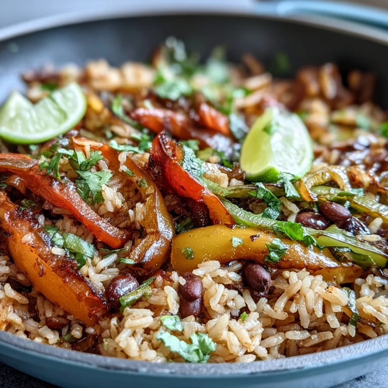 2. Rauchige Fajita-Gemüse, aromatischer Reis und herzhafte schwarze Bohnen in einer bunten, veganen Pfanne – ideal für die ganze Familie.  