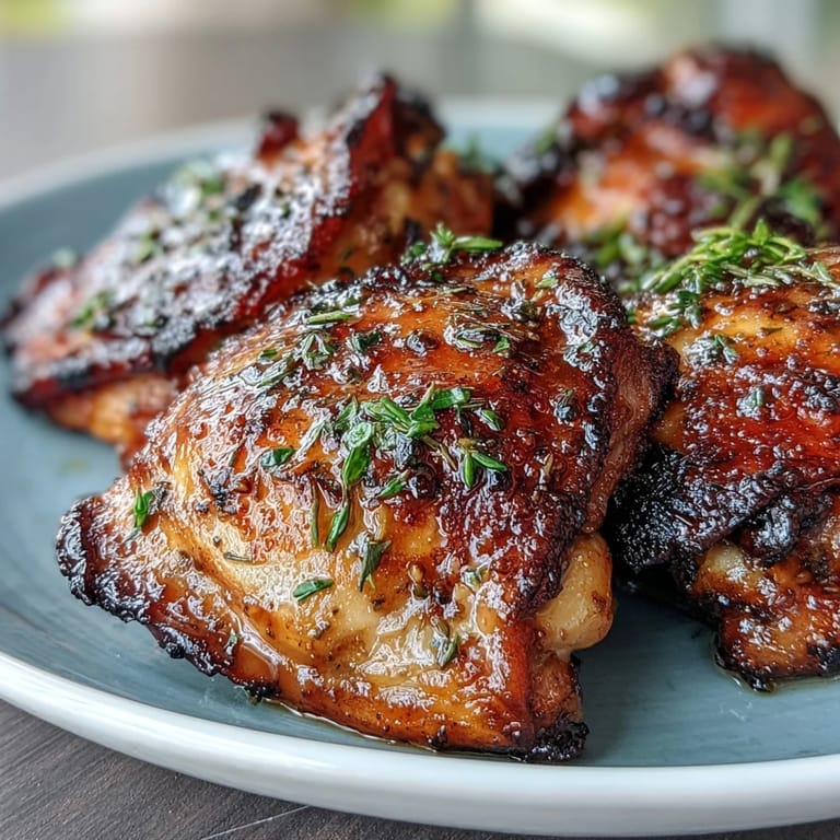 Zarte Hähnchenschenkel mit karamellisierter Honig-Senf-Kruste, umgeben von duftenden gerösteten Karotten und knusprigen Baby-Kartoffeln auf einem Blech.