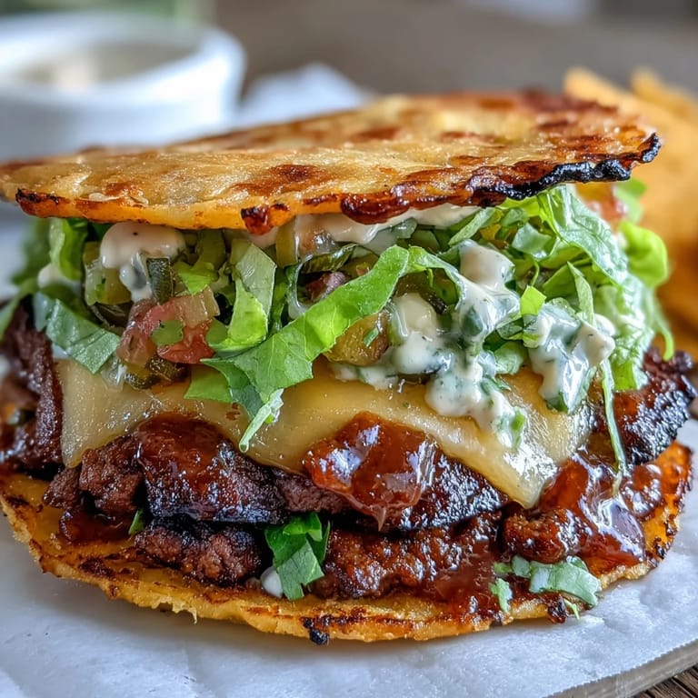 2. Zarte, flachgedrückte Beef-Patties auf knusprigen Taco-Schalen, überbacken mit Cheddar und frischem Salat – ein American-Favorit zum Selbermachen.  