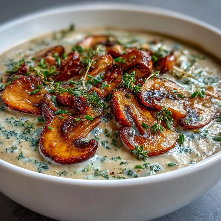 1. Wild Mushroom Bisque: Cremige Suppe mit Mischpilzen, Thymian und Sherry, garniert mit frischen Kräutern.