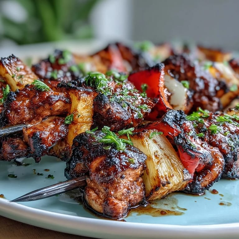Duftende Jerk-Hähnchenspieße mit Ananas und Paprika, perfekt gegrillt für ein farbenfrohes und aromatisches Geschmackserlebnis.