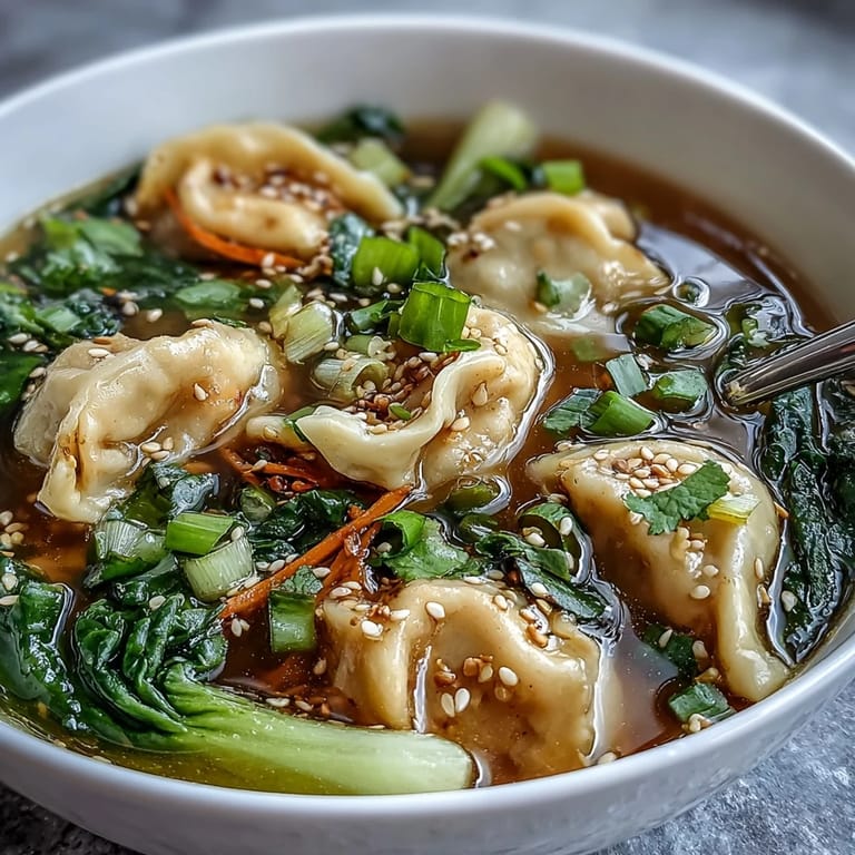 Duftende Trader Joes Dumpling-Suppe mit frischem Ingwer, Knoblauch und lebhaften Gemüsesorten in goldener Brühe.