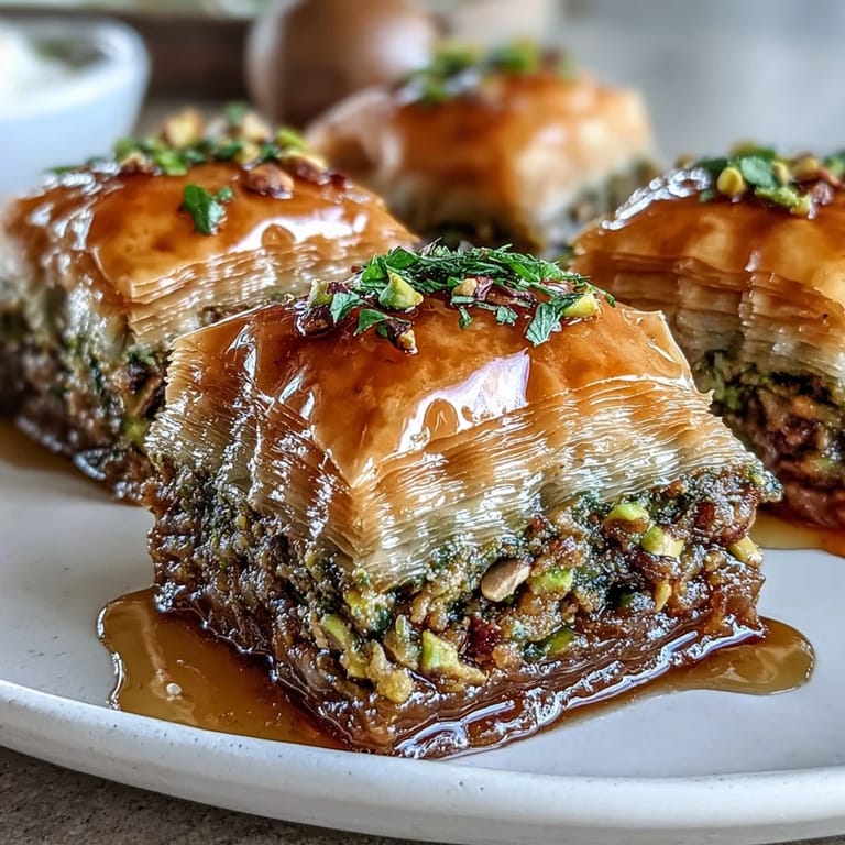 1. Pistachio & Honey Baklava mit goldgelben, knusprigen Blätterteigschichten, gefüllt mit feinen Pistazien und duftendem Honig-Sirup.