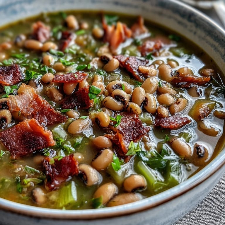 2. Schüssel gefüllt mit Ham and Black-Eyed Pea Soup, garniert mit frischer Petersilie und serviert mit knusprigem Maisbrot.