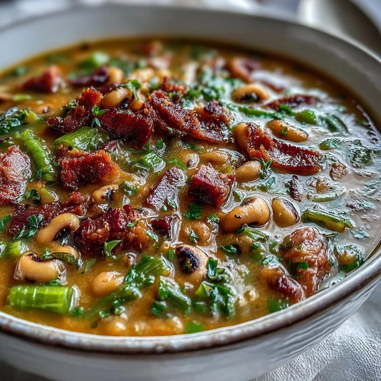 3. Dampfender Ham and Black-Eyed Pea Soup mit zartem Schinken, weichen Erbsen und farbenfrohem Gemüse in einer aromatischen Basis.
