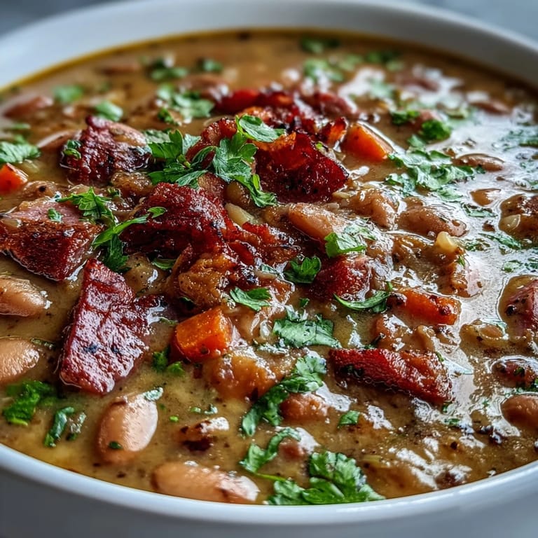 Rauchiger Schinken und Pinto-Bohnen in einer aromatischen Gemüsebrühe mit Paprika und Kreuzkümmel.  
