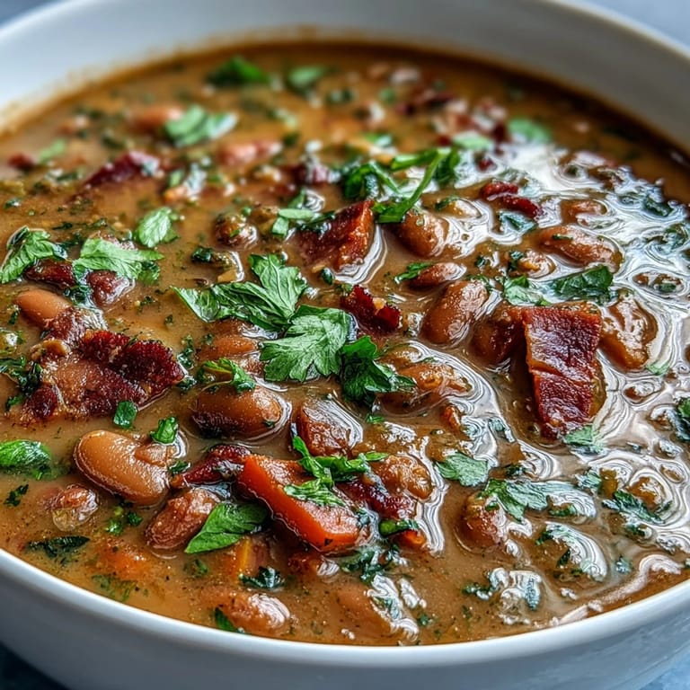 Würzige Schinken-Pinto-Bohnen-Suppe mit frischem Koriander, Limette und optionalem Avocado-Topping.