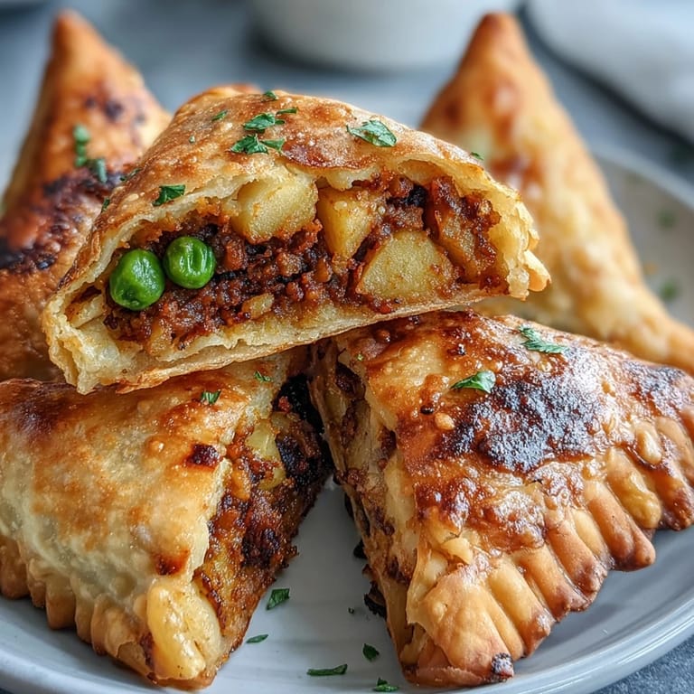 Knusprige Samosas gefüllt mit Kartoffeln, Erbsen und Karotten, dazu ein erfrischendes Minzchutney aus dem Mixer.  