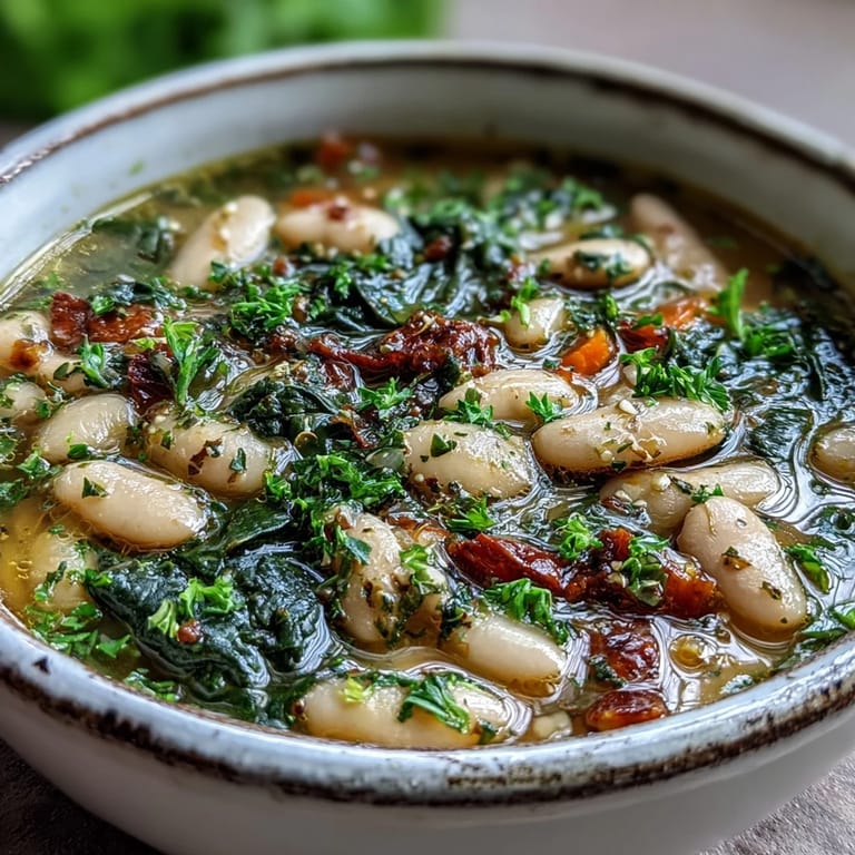 1. Herzhafter toskanischer Weiße-Bohnen-Suppe mit knusprigem Knoblauchbrot, vollgepackt mit frischem Gemüse und aromatischen Kräutern.  