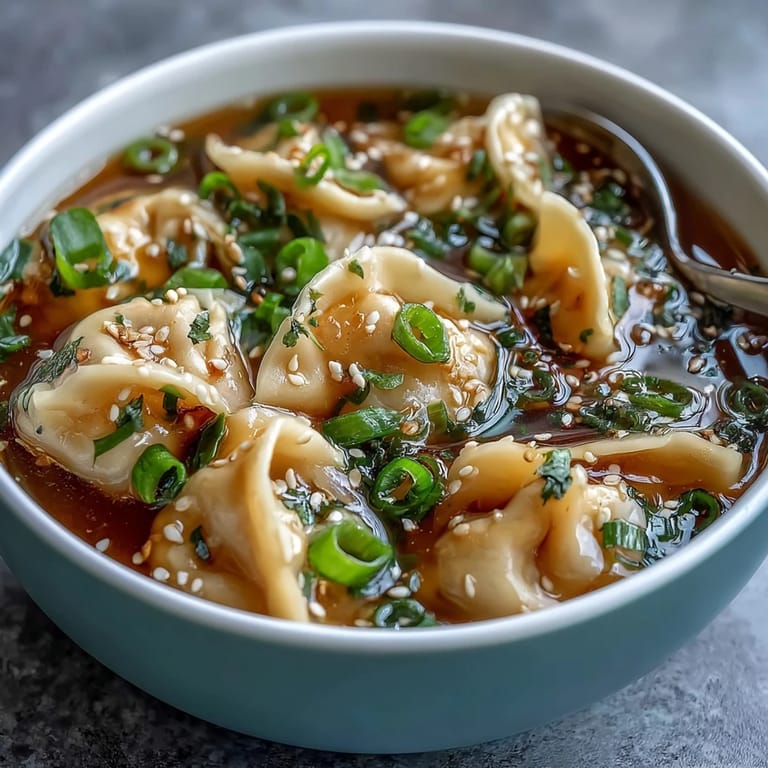 1. Dumpling Soup with Chicken Broth and Scallions - Eine dampfende Schale mit zarten Teigtaschen in aromatischer Hühnerbrühe, garniert mit frischen Frühlingszwiebeln.
