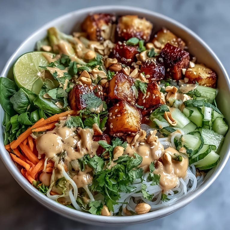 2. Frischer Asian Spring Roll Bowl mit Reisnudeln, Kräutern und reichhaltiger Erdnusssoße für ein geschmackvolles Gericht.  
