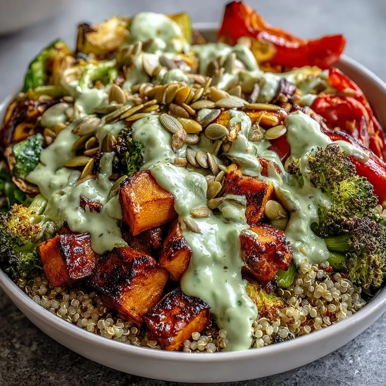 Buntes, gesundes Buddha-Bowl-Rezept mit geröstetem Gemüse, Quinoa und herzhaftem Avocado-Kräuter-Dressing.