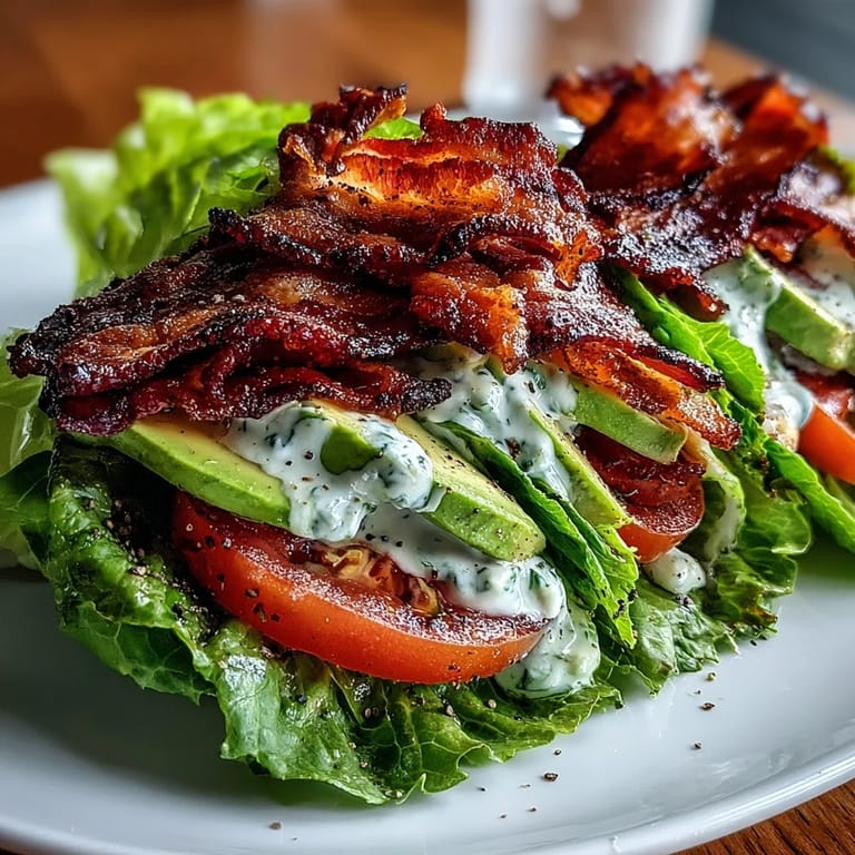 Knusprige Salatblätter umhüllen eine Füllung aus rauchigem Speck, frischen Tomaten und cremiger Avocado, verfeinert mit würziger Knoblauch-Mayo und schwarzem Pfeffer.