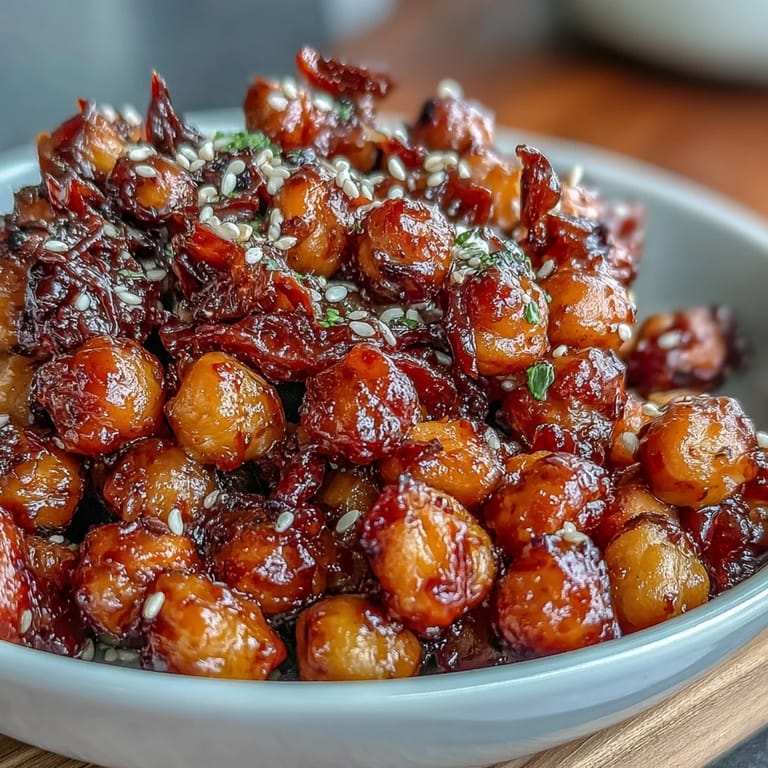 Goldbraune Kichererbsen mit rauchigem Paprika, geworfen in scharfer Chili-Knoblauch-Sauce, serviert auf lockerem Jasminreis.